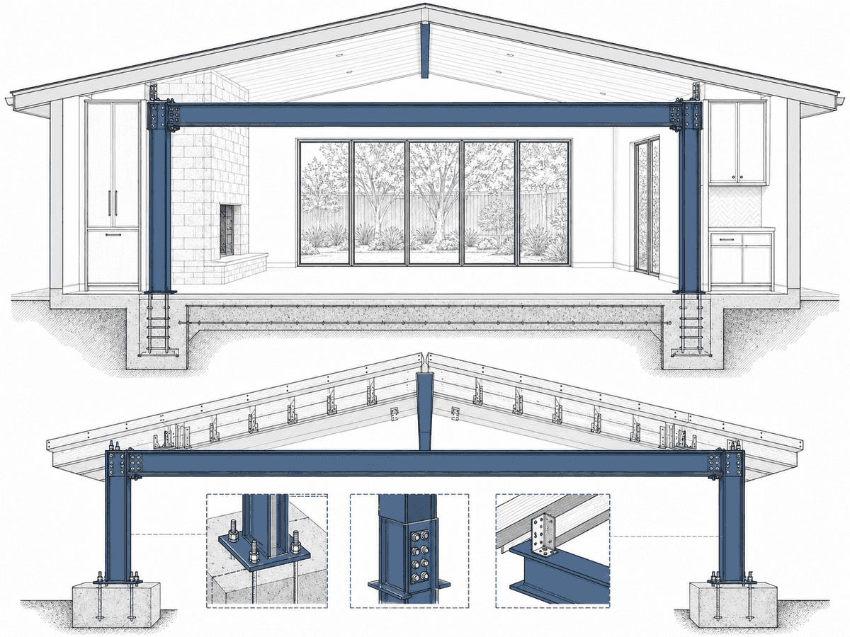 Moment-frame elevation with columns and connected footings
