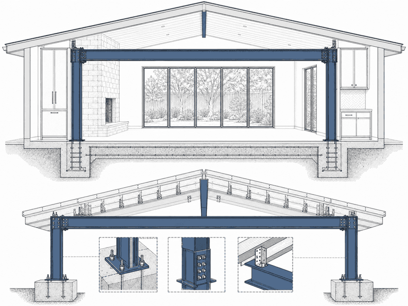 Moment-frame elevation with columns and connected footings