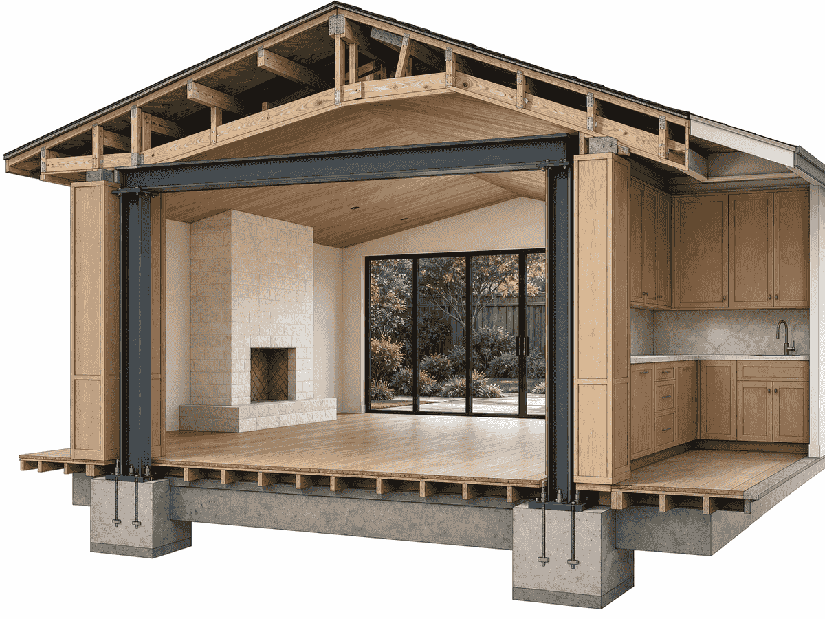 Cutaway of the moment frame from roof diaphragm to grade beam