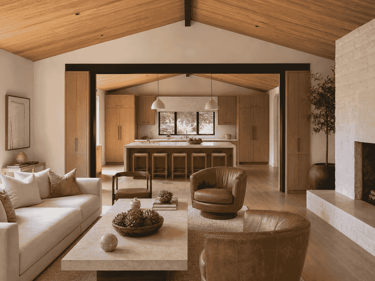 Vaulted Walnut Creek family room open to the kitchen