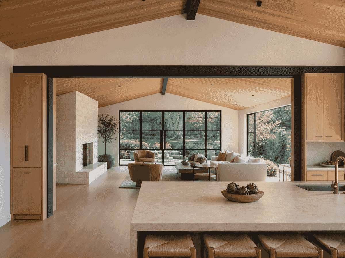 Moment-frame beam aligned below the cedar vaulted ceiling