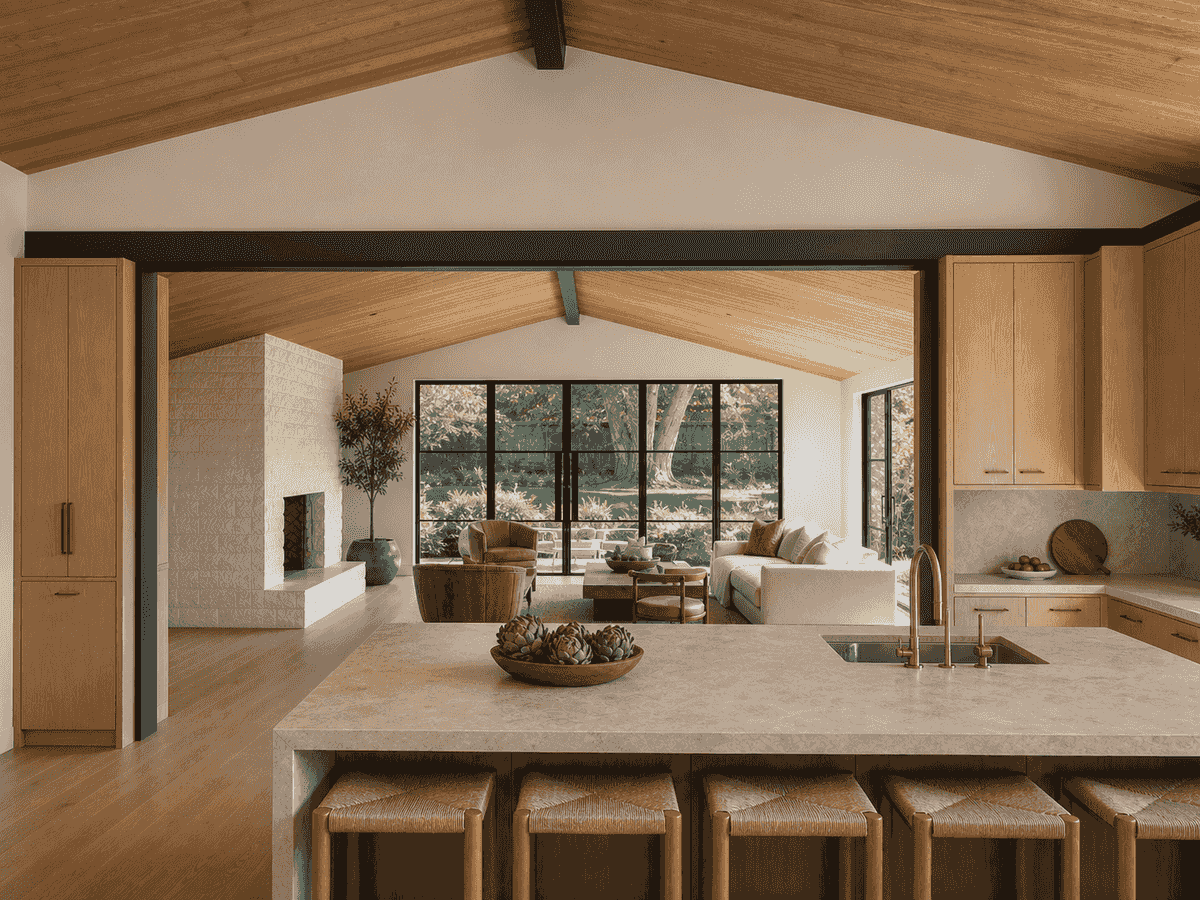 White oak kitchen open to the family room and garden