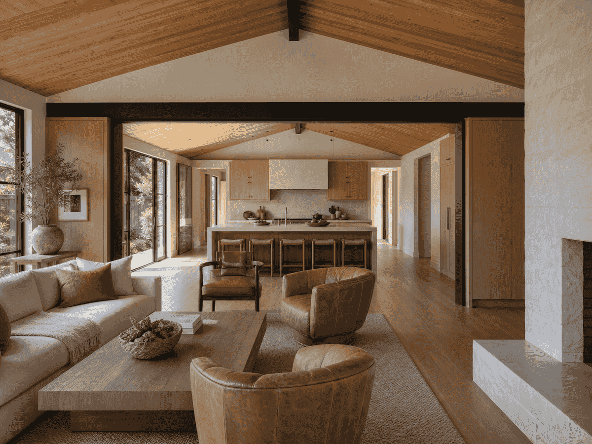 Clear 18-foot opening between family room and kitchen