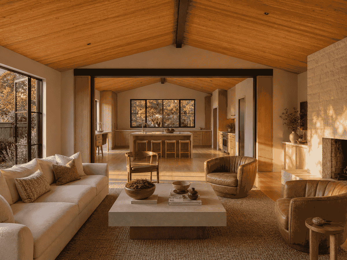 Connected Walnut Creek kitchen and family room at golden hour