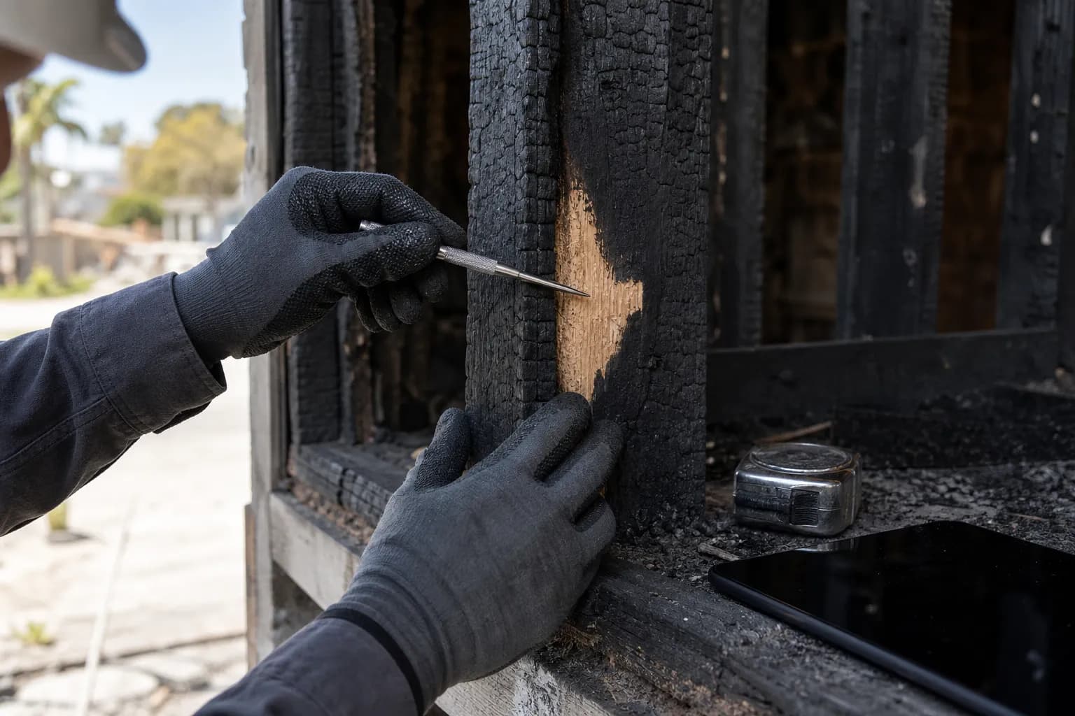Structural engineer measuring char depth on a fire-damaged wood stud with a probe and tablet