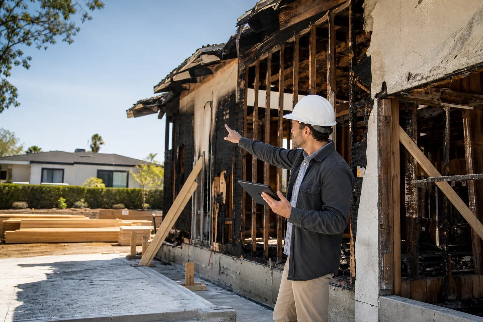 Structural engineer assessing exposed framing at a fire-damaged Los Angeles home