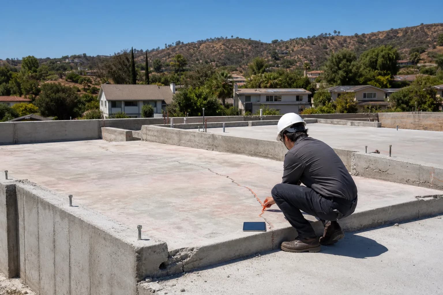 Engineer evaluating a fire-exposed concrete slab and stem wall foundation on a cleared Los Angeles lot