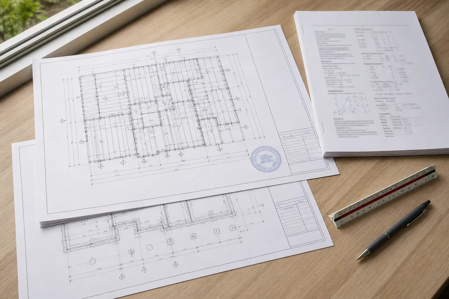 Stamped structural repair drawings and calculations for a fire-damaged Los Angeles home laid out for permit submittal