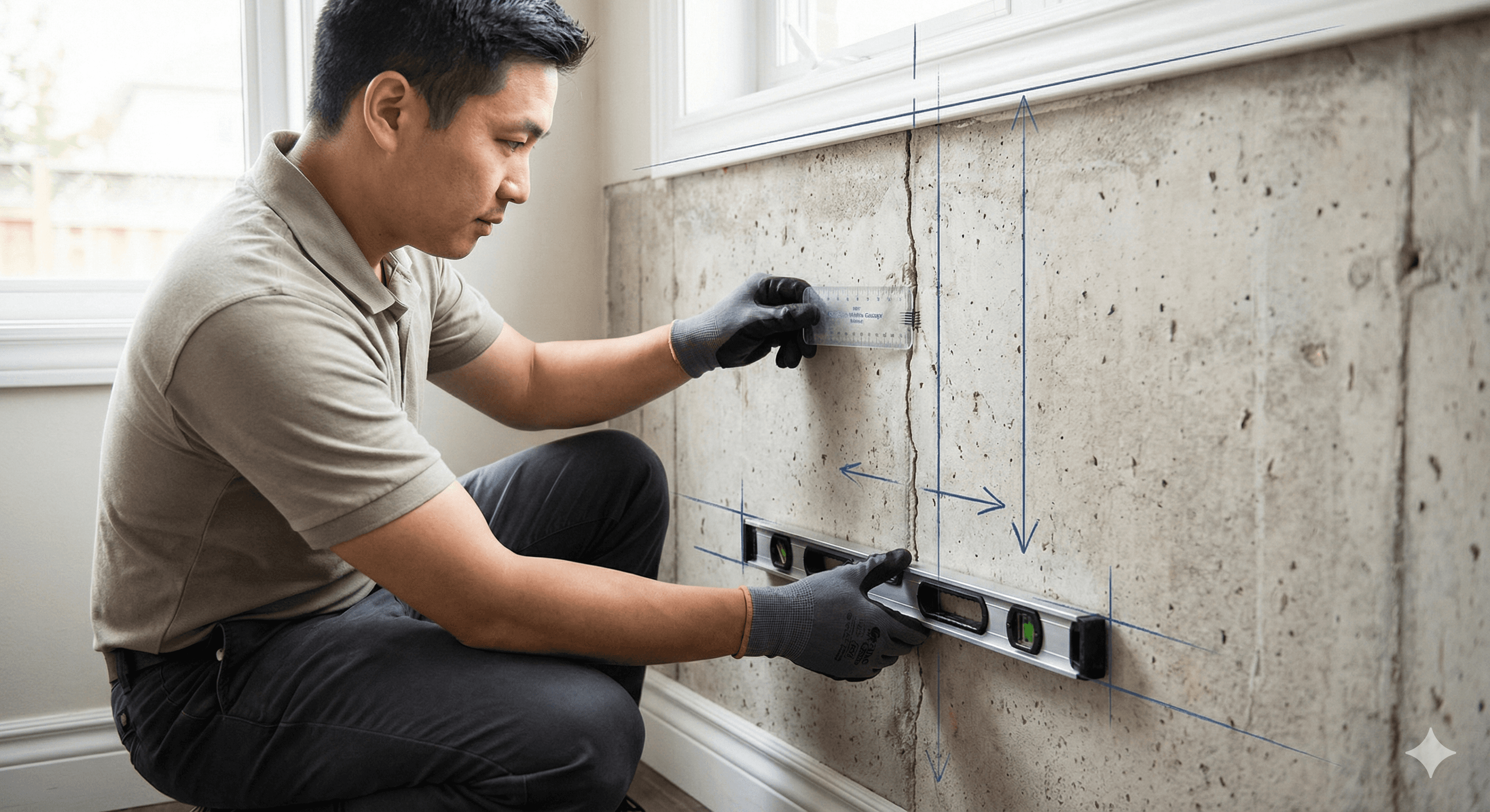 Structural engineer measuring foundation cracks and settlement