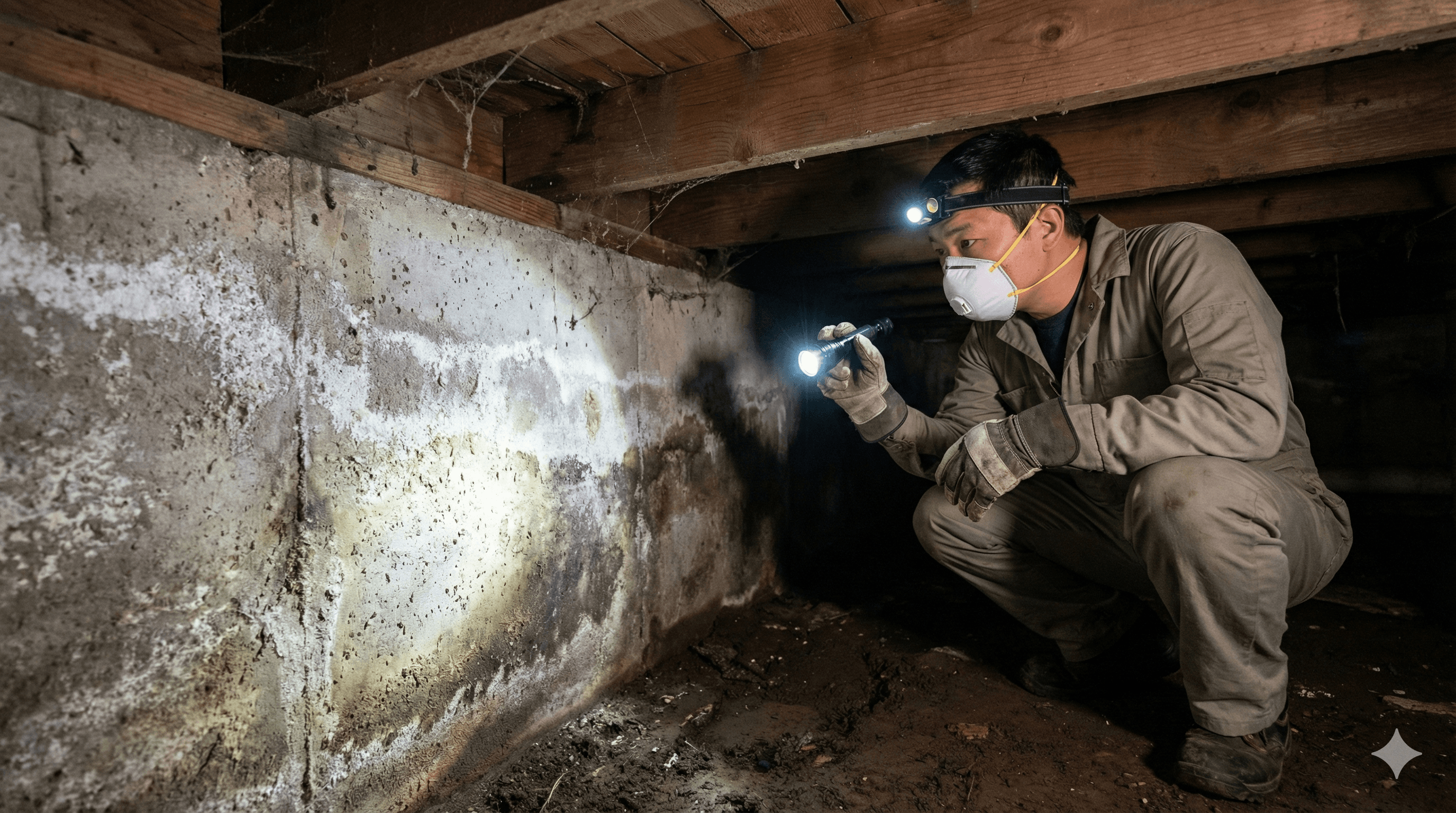 Inspector examining crawl space moisture and structural damage