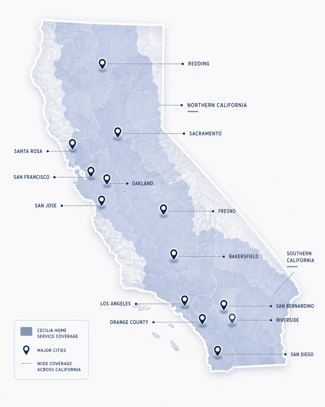 Map of California showing Cecilia Home service coverage across major cities including San Francisco, San Jose, Oakland, Los Angeles, San Diego, and surrounding regions