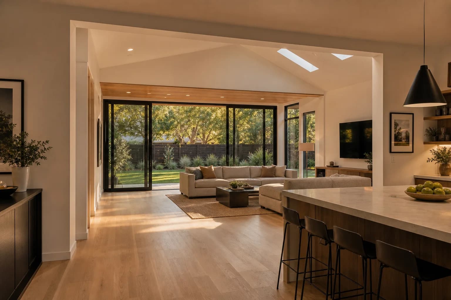 Expanded open-plan kitchen and family room inside a new rear addition