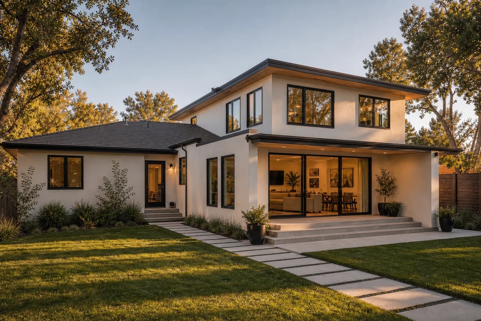 Completed second-story addition rising above the original California home