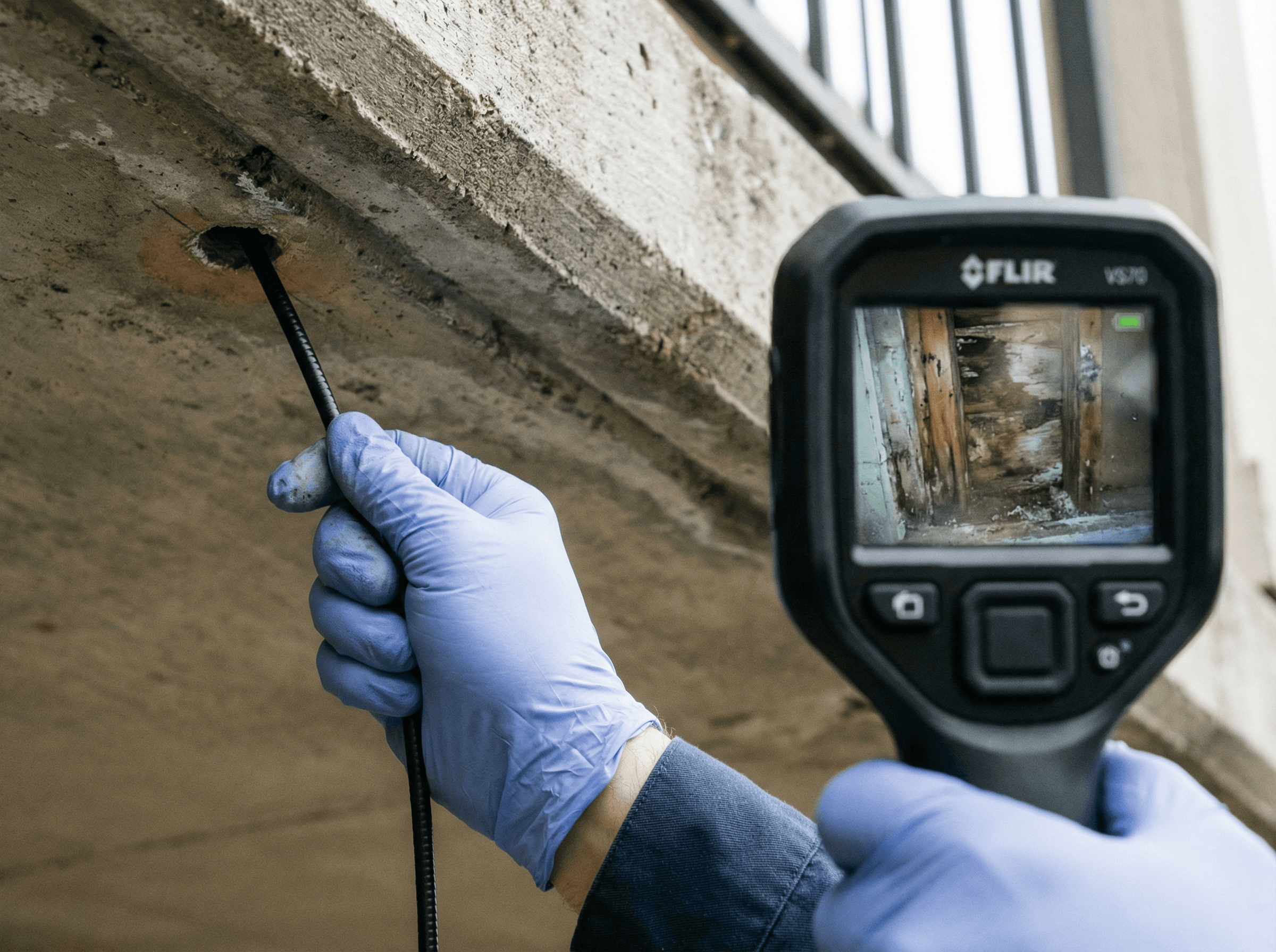 Borescope camera inserted through inspection port to examine hidden wood framing