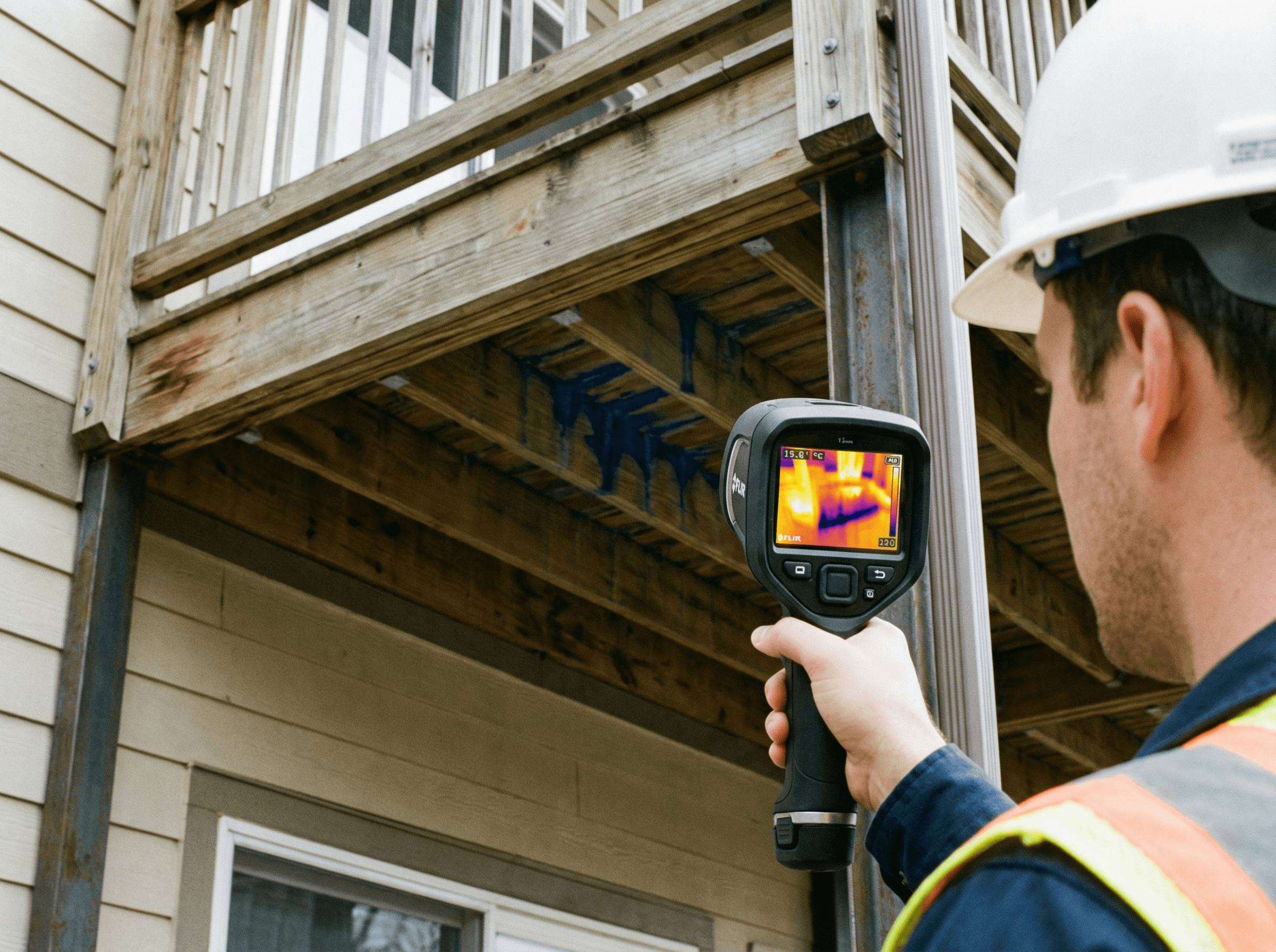 Infrared thermal imaging scan revealing moisture intrusion in balcony structure