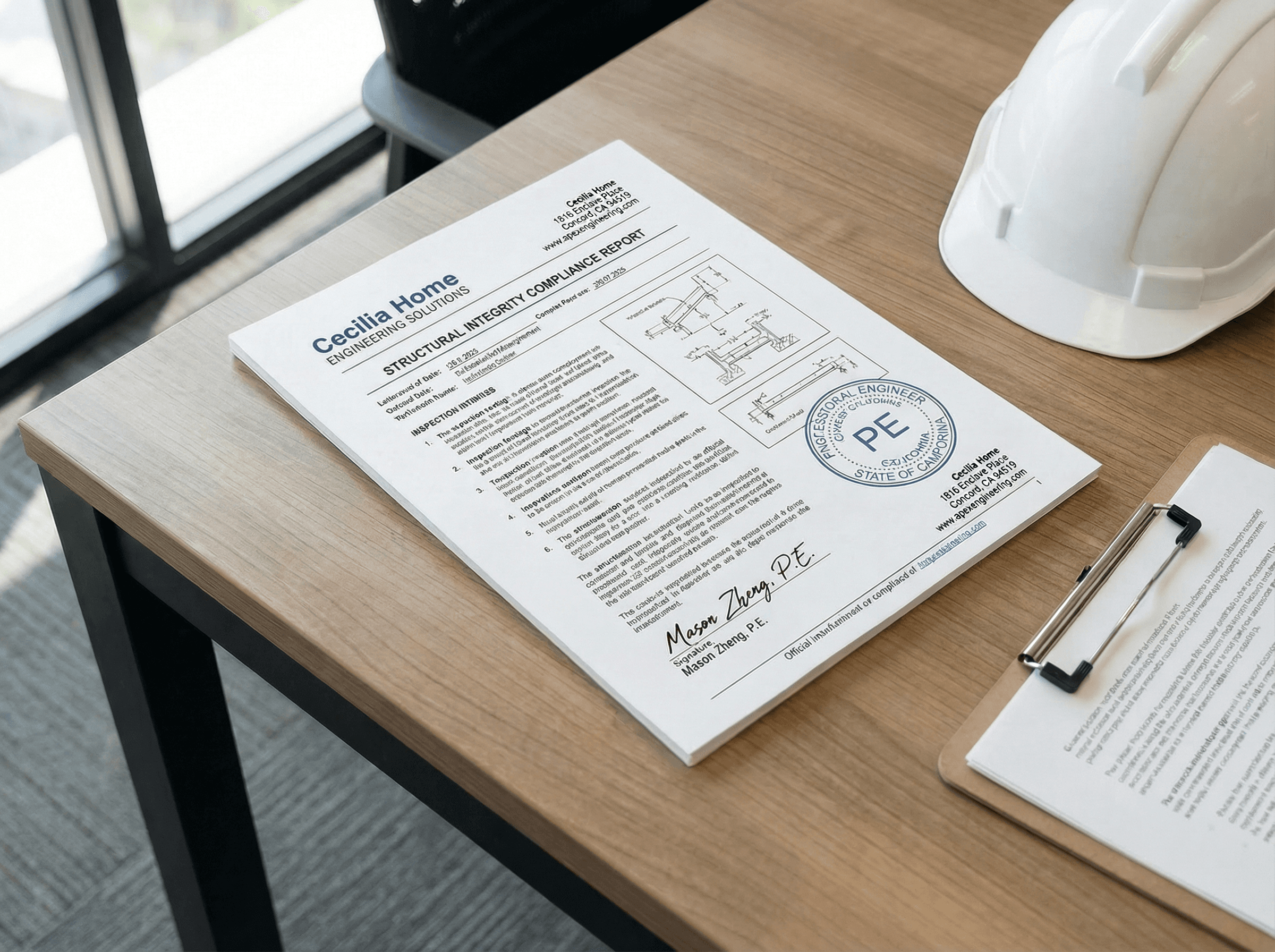 Official SB 721 compliance report with California PE stamp and detailed findings