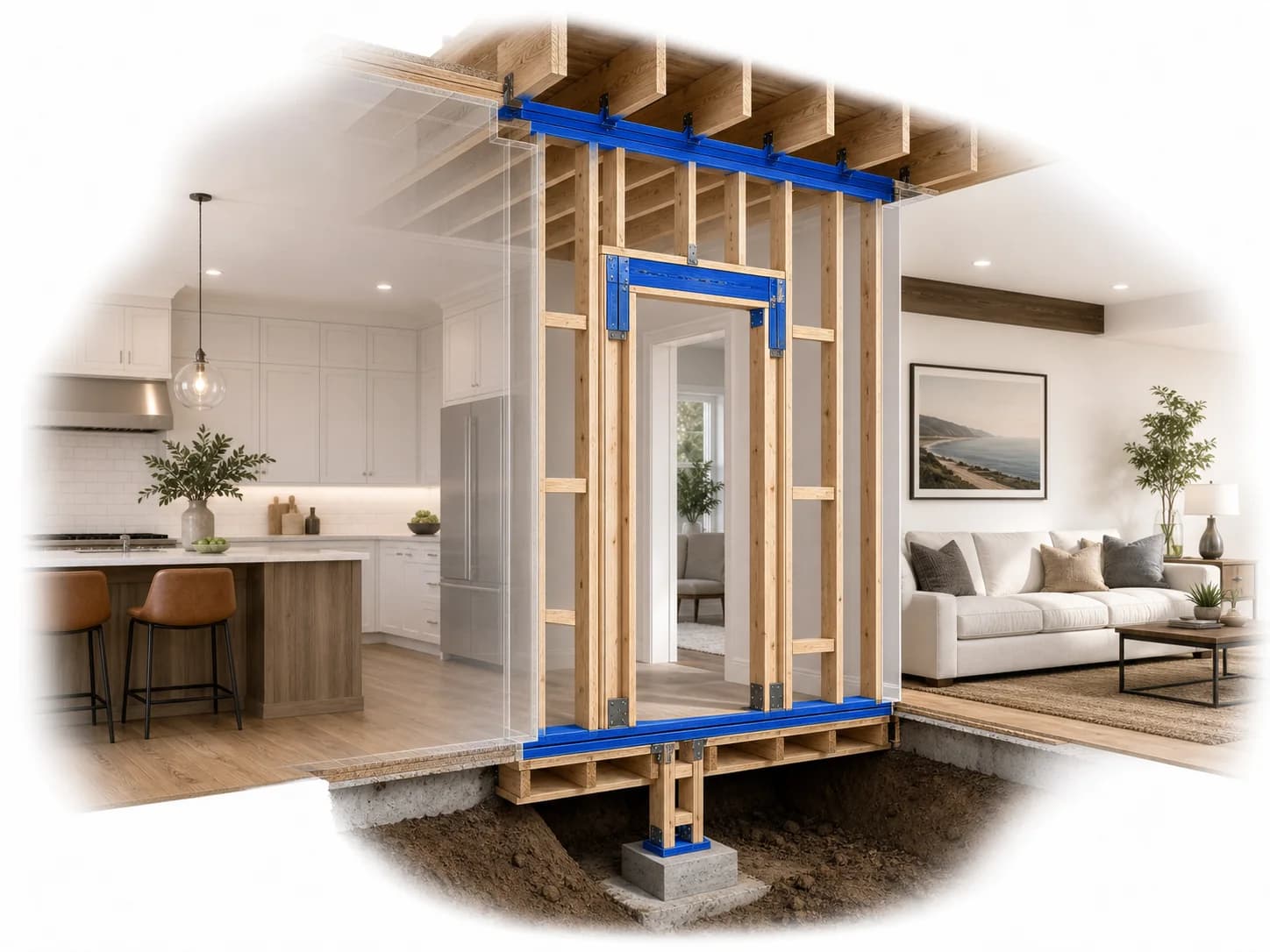 X-ray cutaway revealing the framing and foundation support inside a load-bearing wall between a kitchen and living room