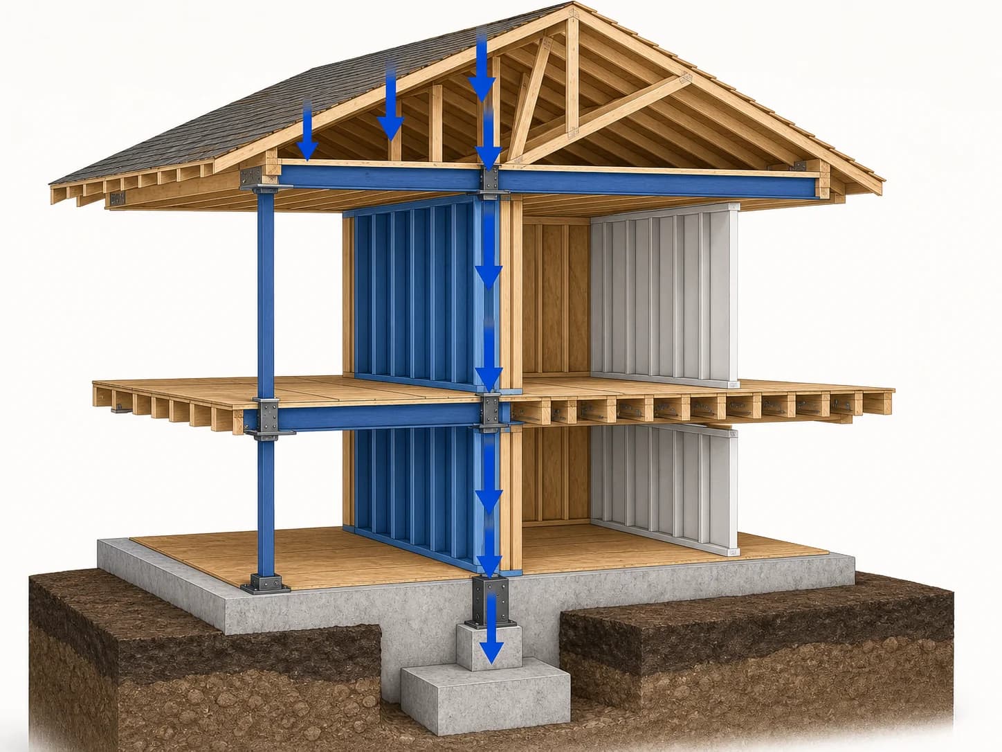 Blue arrows tracing the structural load path from the roof through load-bearing walls to the foundation